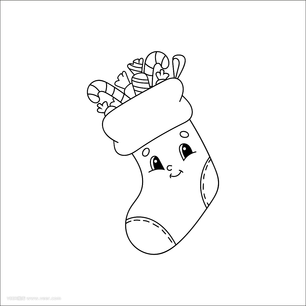 裝有禮物的圣誕襪。兒童涂色書。開朗的性格。矢量插圖。可愛的卡通風(fēng)格。兒童幻想頁(yè)面。黑色的輪廓剪影。孤立在白色背景上。